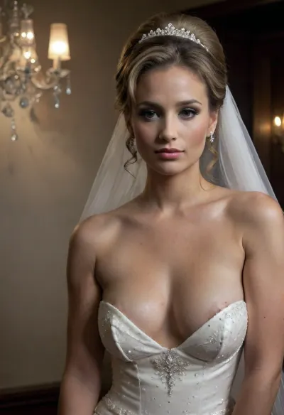 high resolution, high quality, dark scene at night, closeup of face, elegant middle aged woman, seductive smile, large pearl choker around neck, long pearl necklace down cleavage, large pearl earrings, (brunette Hair with blonde streaks in elaborate updo:1.4), (standing model posing, (wedding dress:1.2), (white corset:1.2), sequined dress:1.5), nipslip, nipple edges are visible, (wedding veil:1.3), (white lace gloves), very cute, out of focus colorful flowers in a romantic indoor background, indoors, holding flowers, bellissima, clothes, jenniferlawrence101, downblouse, <lora:LesFemmesXL_v1.0:1.5>, <lora:dark:.4>, <lora:Jennifer_Lawrence_SDXL_101:.8>, <lora:RealDownblouseXL2:1>, piercing, <lora:nipplePiercing-v1:.8>