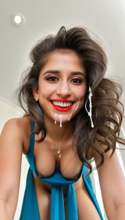 beautiful sexy slender 40 year old indian woman, (brown hair, brown eyes, high cheekbones), (loose hair:1.4), (short hair:.5), (wild hair:1.3), (indian bride:1.6), (indian wedding dress), (indian wedding jewelery:1.2), (wrinkles:1.1), skin imperfections, wearing indian wedding dress, indian bridal dress, indian wedding makeup, (smudged makeup:1.2), (cum on chin:1.1), (mouth full of sperm:1.2), (cum on cheeks:1.2), open mouth, cum dripping out from mouth, (cum in nose:1.1), leaning down, tilted forward, bent over, small tits, pointy nipples, cum spitting, spit, spitstring, cumstring, (face closeup:1.7), (under girl view:1.7), (view from below:1.6), (low angle view:1.7), bottom perspective view, c size breast, (pov cumkiss:1.5), cumkiss, (pov kissing:1.8), (pov hugging:1.5), (milf:1.3), eye contact, looking at viewer, licking cum, clothed, (cuckold:1.5), cuck, wife, sexwife, hotwife, slut, whore, open eyes, standing, (standing on all fours above cuckold:1.5), (below:1.5), hands reached forward, arms spreading, white hairband, white chocker, posing, solo, leaning over viewer, perfect face, beautiful face, snub-nose, big lips, big eyes, high detailed eyes, long eyelashes, (teasing wicked grin:1.2), teeth, (ceiling in frame:1.5), (downblouse:1.3), tanned skin, (red lipstick:.4), (smile:.7), (wide jaw:.5), sadist, reaching to viewer, downblouse, nipslip, <lora:RealDownblouseXL2:.8>