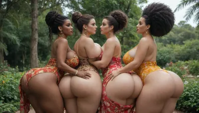 three extremely hourglass-shaped south african garden party women, colossally colorful eye makeup with overly longing eyes, extreme with lipstick, african colossal tight high cut skimpy garden party dress, extremely high updo afro curl, colossally massive bursting giant breasts, colossal extremely bulging plump gigantic bubble ass buttocks, in a south african luxury garden, groping and kissing each other all over their bodies