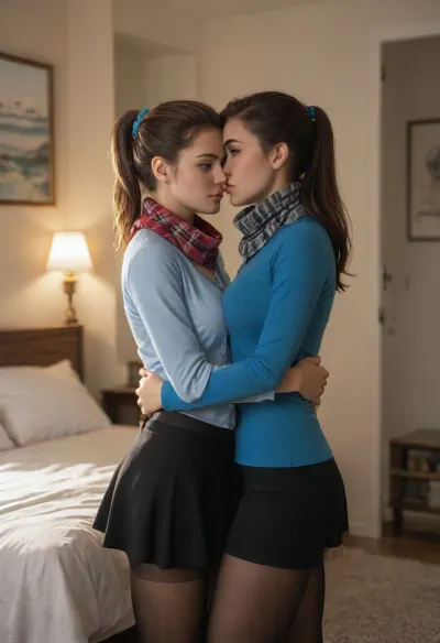 beautiful, gorgeous, 25_year_old, French woman, (Beautiful_French_woman), rubbing her girlfriend pussy, (pussy_rubbing), (passionately_looking_at_each_other), in the evening, indoors, dimmed_lighting, after_sunset, reflective_skin, (wearing a blue long-sleeve shirt, scarf, skirt, pantyhose), medium_height, long_hair, dark_hair, blue_scrunchie, ponytail, blue_eyes, perfect_figure, average_breasts, small_nose, thin_lips, jewelry, groping, touching, hugging_tightly