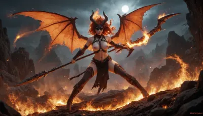 demon girl, burning wings, burning hair, horns, boots, harness, fire, huge flames, inferno, bare breasts, ribs, pale skin, mask, scythe