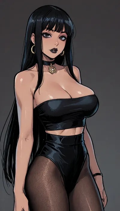 ((Melkor mancin meet markgavatino style)), reiq style, masterpiece, (1woman, 8k resolution, ultra-detailed), (dark skin:1.5), bimbo body, giant ass, perfect hourglass, giant breasts, goth makeup, black lipstick, ((very long black hair, fringe)), black tube top, black pantyhose, black fishnet, ratatatat74, <lora:ratatatat74-000050:.8>, <lora:LCMTurboMix_Euler_A_fix:.7>, <lora:mk_Bp Anime_xl:1.6>, <lora:焦茶_XL:1.8>, <lora:Tsune_XL:1.7>