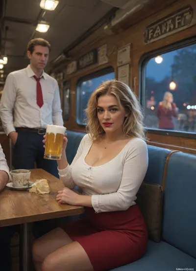 (night time:1.5), blond mature woman with messy hair, red lipstick and huge natural tits sits at the bar of a train restaurant, buffet wagon, (two attractive men talking to the woman:1.4), huge penis bulging in his pants, garters, drinking beer