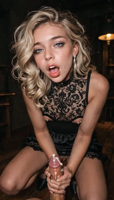 POV, (she likes being as slave), (she love being as hooker), perverted, kinky, whore, (shemale:1.4), (Trans woman:1.4), (futanari:1.2), ((femboy)), ((sissy boy)), androgynous face, slender face, slender body, small tits, play nipple, (squatting on floor), a tight black lace dress top, sleeveless, nipple piercing, (ahegao:1.2), ((she hold her penis as hand job)), (she jerk off her penis with a hand), solo, perfect hand position, perfect penis position, (lot of cum from her penis), dark room, dark, dim lighting