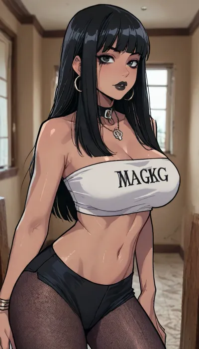 ((Melkor mancin meet markgavatino style)), reiq style, masterpiece, (1woman, 8k resolution, ultra-detailed), (dark skin:1.5), bimbo body, giant ass, perfect hourglass, giant breasts, goth makeup, black lipstick, ((very long black hair, fringe)), black tube top, black pantyhose, black fishnet, ratatatat74, <lora:ratatatat74-000050:.8>, <lora:LCMTurboMix_Euler_A_fix:.7>, <lora:mk_Bp Anime_xl:1.6>, <lora:焦茶_XL:1.8>, <lora:EnvyPastelAnimeXL01:1.5>