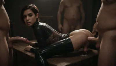 tiny realistic femboy is gangbang by fat belly men and showing her erect small dick, sitting on table, missionary anal sex, gothic style, sexy posing, latina, fishnet bodysuit, neck belt, in old bdsm latex room, black tiles, young with innocent face, very short haircut, looking at viewer, mouth dripping saliva, cock spray much cum on ass, sun light, erect-futa, small erect-penis, show cock, testicles, erection, looking lustful, 3/4 body view, standing curved cock, show futa cock, erect futa, erect cock, hard small cock, precum, show gaping asshole, cum dripping asshole, side view, <lora:SDXLlora13ErFut:1.3>, <lora:dark:.5>, <lora:Thigh_gap_SDXL:1.5>