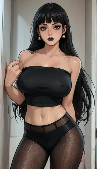 ((Melkor mancin meet markgavatino style)), reiq style, masterpiece, (1woman, 8k resolution, ultra-detailed), (dark skin:1.5), bimbo body, giant ass, perfect hourglass, giant breasts, goth makeup, black lipstick, ((very long black hair, fringe)), black tube top, black pantyhose, black fishnet, ratatatat74, <lora:ratatatat74-000050:.8>, <lora:LCMTurboMix_Euler_A_fix:.7>, <lora:焦茶_XL:1.8>, <lora:sola7764XL_V1:1.8>, <lora:AshMilkshake_Illustrious_v1:1.7>