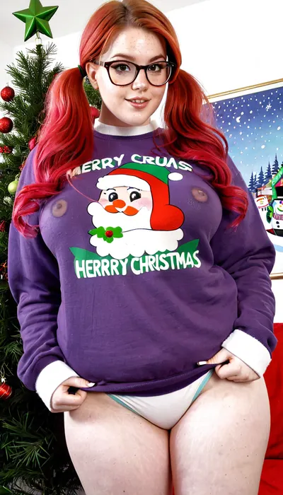 Photorealistic, high resolution photograph of an pale chubby redhead 20 year old beauty. Healthy vibrant skin. Nerd with freckles. She is taking off an oversized Christmas sweatshirt. She has no pants. She has small breasts. She has glasses. Her hair is in frizzy pigtails, . ponychar3-RBSYPV3, curvaceous2, long, hair, looking, at, viewer, burgundy, brown, eyes, mole, portrait, freckles, pierced nipples, realistic, <lora:RMSDXL_Photo:1.7>, <lora:ponychar3-0-RBSYPV3:1.8>