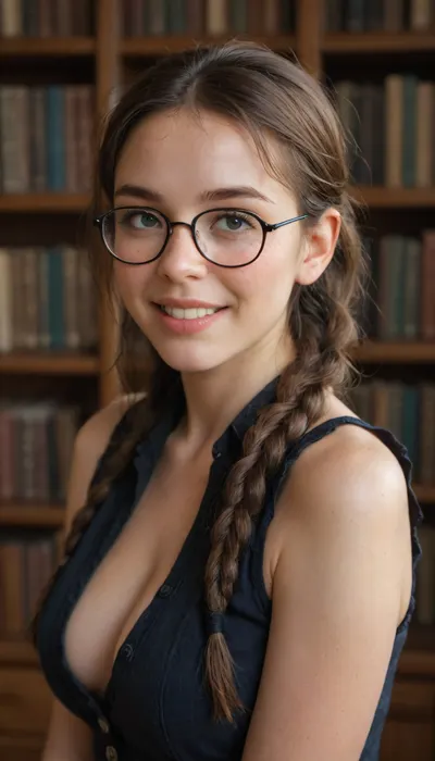 Masterpiece, Real, realistic, realism, score_7, (Chinese girl), solo, large_breasts, ((round plump face)), very wide smile, large mouth, best smiles, bucked teeth, uneven teeth, small eyes, (strabismus), white eyes, (thick frame), (nerd spectacle), thin eyebrows. very long fringes, oily hair, blush, makeup, rosy lips, freckles, pimple, acne. Sleeveless uniform, (unbuttoned), exposed cleavage, Side profile photo, half body, meetyan, 1girl, black, eyes, glasses, black-framed, eyewear, round, long, hair, bangs, blunt, sidelocks, single, braid, twin, braids, braided, ponytail, sleeves, dress, puffy, gloves, juliet, bookshelf, indoors, library, smile, evil, <lora:meetyan:2>