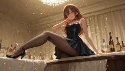 Pre christmas party, tight glitter dress, dark dress, young lady, heart shaped face, (small chin), scandinavian features, black mini dress, pantyhose, laquer high heels, (wasted), (rowdy), (dancing on table), low angle, upskirt, confetti, empty glasses on table, bottles on table, white tablecloth, stained, slender, petite, small, glitter, (messy hair)