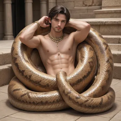 Snake man. Naga. Half snake half human. Attractive. Monster. Lamia. Male. Man. Egyptian. Scales. Snake fangs. Snake skin. Hybrid. Snake tail from the waist down. No legs. Full body. Laying on own coils. Scales on chest. Long tail. Coiled. Arms. Dark skin. Jewelry. Gold chains. Solo male.