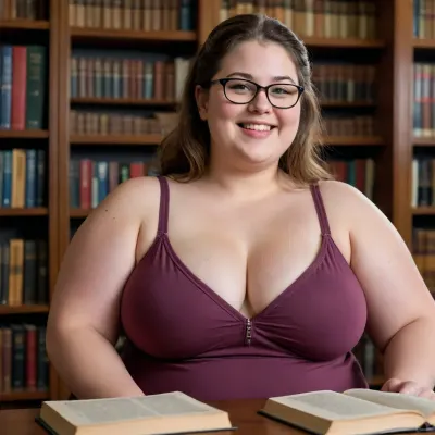 ((chubby)), library, nerd, woman, smile, (titjob)