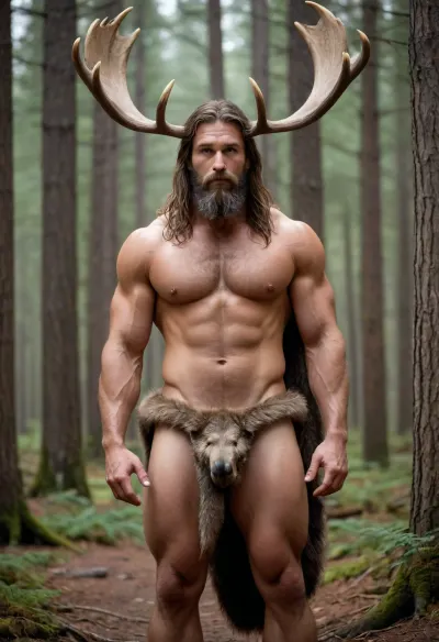 Half moose. Druid. Muscular. Antlers. Male. Moose hooves. Moose tail. Person. Man. Solo Man. . Praying at Pagan alter. Muscular. Rugged. Wild man. Forest alter. Thick chest hair. Bodybuilder muscles. Human face. Big broad animal like nose. Digigrade legs. Hybrid. Half furry. Loin cloth. Silks. Big rack, (of antlers), . Sashes. Furs.