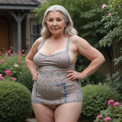 An elderly lady with curvaceous forms in a flirty apron with a floral print takes care of the garden beds in her private household., (hairy genitals:1.4), (naturally sagging flat small breasts:1.6), (((flatchested:1.4))), (old woman with fat folds and cellulite:1.6), (3/4th side view:1.4), (((mini apron))), Her dyed long blonde hair is tied in a knot on her head.Outdoors. A cozy courtyard of a private household with flowers and flower beds. cellulite and fat folds on the body. small breasts. cellulite butt., (overweight:1.4), ., (thick powerful thighs:1.4), plump, skindentation, chubby, bbw, venus, body, big, breasts, ass, <lora:Chubby BBW - XL:.8>, <lora:EnvyCuteXL05:.8>