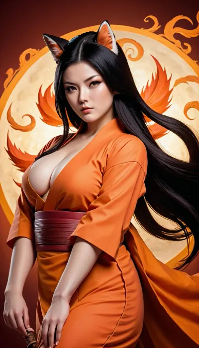 High-quality, highly detailed, cinematic, 8K, HD photo, a masterpiece. Perfect digital art.

Chubby woman, white skin, long black hair, medium breasts, shaved vagina, (((she is a sensual version of Kurama, the nine-tailed fox from Naruto))), shuriken, daggers, ninja weapons.