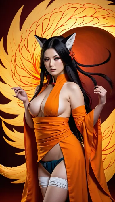 Extremely high-quality, highly detailed, cinematic, 8K, HD photo, MASTERPIECE.
A chubby woman, white skin, long black hair, medium breasts, shaved vagina, (((she is dressed sensually as Kurama, the nine-tailed fox from Naruto))), .