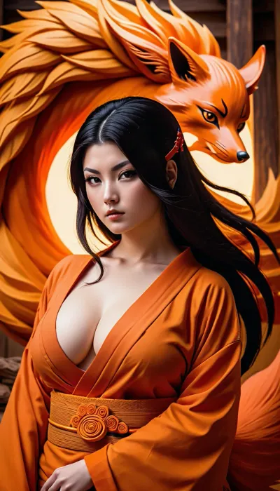 High-quality, highly detailed, cinematic, 8K, HD photo, a masterpiece. Perfect digital art.

Chubby woman, white skin, long black hair, medium breasts, shaved vagina, (((she is a sensual version of Kurama, the nine-tailed fox from Naruto))), shuriken, daggers, ninja weapons.