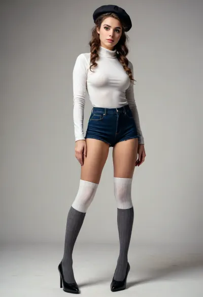 18 century, full body view of a 29 years old adult woman, dressed in knee-high socks and high heels, ultra-sharp details, realistic skin texture, refined contrast, 8k detail, authentic facial expression, clean composition, (maximum photo quality:1.4), (maximum resolution:1.5), white background