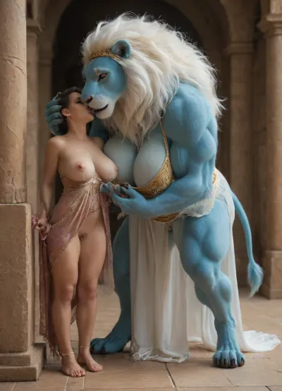 (tall muscular female furry anthro lion, arabian princess dress, anthro head, feral legs, (furry paws:1.2), huge breasts, lactation, anthro hands, exposed pussy, blue body furr, white hair), (bending over to kiss, smaller human is fingering her pussy, side view, high resolution, detailed)