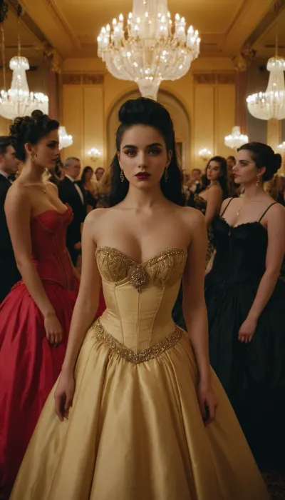 Cinematic, 35mm, Golden Hour, sumptuous ballroom, debutant's ball, goth girl dressed like a prostitute, is surrounded by beautiful debutants standing around her, the girls wear expensive ball gowns, gowns are a variety of styles and colors, several girls have ample breasts, <lora:lora-sdxl-perfect-eyes:1>