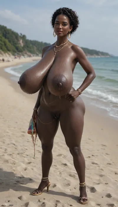 (absolutely black skin:1.35), (gigantic huge tits slender beauty model on the beach:1.25), (incredibly flabby and sagging tits:1.85), (very large very dark areolae:1.55), erect nipples, seduction, model with full body and face, groping tits and ass, very high plateau heels, micro bandeau bikini, belly chain, anklet, bracelet, jewelry, necklace, oiled up, light hairy pussy, very detailed image, ultra high definition