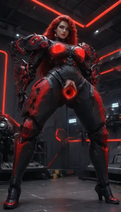 Princess Ariel, (robotic black mech red neon glowing armor:1.9), futuristic plasma-gun, spaceship interior, (hyper spread pussy, hyper gaping pussy, doing standing gymnastics), <lora:Mecha_Ggorgeous_Armor-000011:1>