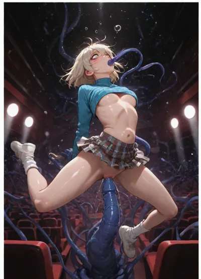 (((Cute femboy fucked by tentacles in a movie theater))), ((elevated in air)), (drowning), (floating weightlessly in space), (femboy penis), (tiny cock), (tiny balls), boylike figure, small tits, petite boy, underboob, tits on display, (chin up), messy hair, (hair floating), wavy platinum blonde hair, bangs, (scandinavian features), (surprised facial expression), arched back, smudged makeup, tentacle penetrating mouth, blowjob, eyes wide open, (watery eyes), belly bulge, (thin thighs), cumshots, (cozy clothing), crop top sweater, ((thigh high socka)), sports socks, 90s clothing, white trainers shoes, plaid skirt, tennis outfit, detailed hands, graphic, (outer space), stars, galaxies in the background, ((old movie theater interior faintly in the background)), ((light beam from movie projector)), (face towards light), lens flare, (horror movie), strong contrast, blue tentacles, dystopic, tranvestite, (crossdresser), (tentacles from image edges), (((3/4 view))), ((chest up)), bubble butt, <lora:Retro_Anime_SDXL_-_Style-000016:.33>