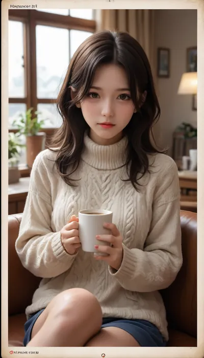 NSFW, "1woman, mature anime woman, 35 years old, wavy black hair, wearing a cozy sweater, drinking coffee, sitting in a modern cozy cafe, warm color palette, soft shadows, anime style, highly detailed face, vibrant colors, 4k, looking at camera.", (((This is a digital illustration in comic book style, modern digital comic book art "HQ" cartoon)))