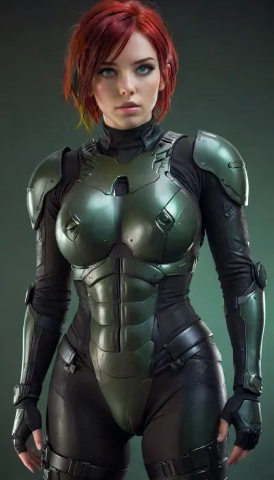 head to toe image of an android girl full black and dark green plastic full body armor with green and red hair in a long pixie cut hair seen from the 3/4 side, luminescent Bright Green eyes, all black background, d-cups, <lora:220437_training_data:.5>, <lora:Venus_Body_Alpha:.5>, <lora:SDXL_BetterFaces-LoRA_v1:.8>, <lora:Saggo_XL:.8>, <lora:style_lora_realis:1>