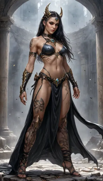 charactor card for TTRPG Guilded frame, Marvel comic Style Cover Art Concept for Elyndra, The Wind Vanguard, (photorealistic), World of warcraft art style Visual Elements, Main Character – smoke an exotic dancer assassin, Central to the cover is Sha.dow, (french goth tattoo model https, //x.com/Shadowxparis), (world of warcraft art), Her long straight hair fell all the way down her back to her butt, hair flowing in the wind. It was as black as a raven's plumage, which only made her crystal blue eyes stand out that much more. Her dark eye shadow and cat's eye eyeliner was dawn out almost like the eye of Ra and her lips were painted dark red. Is mostly nude exposing her perfect breasts and trummed pussy She wore a sheer black color belly dancer lingerie outfit with silver accents that jingled with every step she took. strappy see though bra looked like a gold scorpion carapace just covering her breasts. Her stomach was bare other than silver chain jewelry and a black gem in her belly that pulsated with a sparkling glow lighting up a series of calligraphy runes on her skin. Her loincloth flowed with the slightest move or step she took hanging off her hips. silver chains decorates her arms and thighs as well. Her feet were dressed in sandals with straps, (comic book style), standing on a pile of bones and rubble, apocalyptic background, standing at edge of colossal underground abyss, glowing Hash-Nass hive below shaped like a malignant star, scale emphasizing inevitability and threat STYLE LOCK, (Epic dark fantasy illustration, mythic science-fantasy tone, painterly realism, Luis Royo inspired, dramatic lighting, high contrast, rich textures, flowing fabrics, ancient technology disguised as divine artifacts, cinematic composition, ultra-detailed, sharp focus, no modern elements, no text, no watermark), high contrast black and white, only one character, no horns, braided, Art, by, Boris, Vallejo, <lora:Mecha_Ggorgeous_Armor-000011:1.3>, <lora:Braided_Sides_V1:1.8>, <lora:Fantasy_art_XL_V1:1.4>