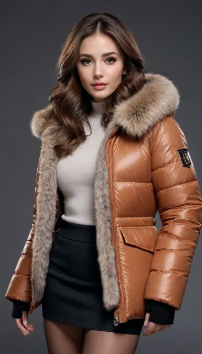 masterpiece, amazing quality, newest, absurdres, highres, highly-detailed, detailed face, glossy hair, down jacket, fur trim, skirt, pantyhose, simple background