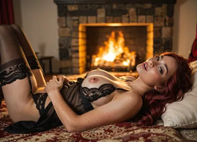 woman 20 year old, lying on back, unbuttoned transparent silk negligee, undressing, nice black lace bra with embroidery, garter belt, show nipples, stockings, side view, man fucking her missionary style, cumming, erotic, warm lighting, near a fireplace, in luxurious bedroom, ponychar3-RBSYPV3, curvaceous2, long, hair, looking, at, viewer, burgundy, brown, eyes, mole, portrait, freckles, realistic, <lora:ponychar3-0-RBSYPV3:.8>