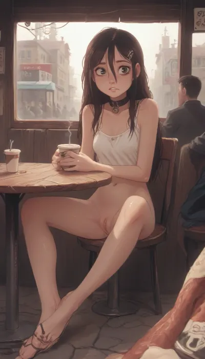 Photorealistic, street cafe, girl, long hair, slave collar, miniskirt riding up, no panties, legs slightly spread, pussy exposed, sitting at a table, thoughtful with cell phone, in the background men drinking coffee, angle under the table between her legs, (Jack cayless art style), cartoon, low color palette, painted, illustration, made in illustrator, no gradients, incase style, muted colors, sharp outlines, warm low palette, masterpiece, realistic lighting, (j_cartoon:1.5), Drawing, <lora:ratatatat74-000050:.9>, <lora:outline_xl_kohaku_delta_spv5x:.5>, <lora:cartoon_stickers_xl_v1:.6>, <lora:NEOTOKIOXL_0.2_RC:.4>, <lora:SDXL_GodPussy_v1:1.1>