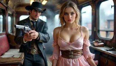 1female, 1male, Create a photorealistic, high-resolution, (robbery scene inside a late 19th-century Wild West train:1.5), In one compartment, a young woman lifts her dress and exposes her vagina while being robbed by a male dirty outlaw, she is 22 years old, sits delicately in a pastel pink dress, pink pussy, wearing white silk gloves. She gazes to a male unkempt outlaw, a 35-year-old male outlaw, exuding a dangerous and seductive aura, he’s clad in a rugged outfit, (with a revolver drawn:1.5), poised to rob the young woman, The contrast between the innocent young lady and the bold outlaw creates a dynamic tension in the scene. The train’s interior should be richly detailed, highlighting the textures of their clothing, the tense atmosphere, and the contrasting personalities., focusing on the textures of her clothing, the elegance of her accessories, and the dynamic atmosphere inside the train, (maximum detail), (super realistic photo:1.4), cloudy, smoke, atmospheric, clouds, fog, skirt, lift, <lora:MJ52:.6>, <lora:Super_Eye_Detailer_By_Stable_Yogi_SDPD0:.3>, <lora:BUT_SDXL_SHS:.3>, <lora:Cloudy_Style:.8>, <lora:skirtLift:1.4>