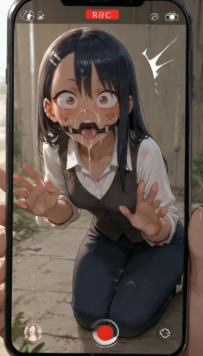 Hayase Nagatoro, ring gag, small breasts, Look a viewer, shocked, face covered cum, raising hands to block the viewer, blocking the view, facial cum, Kneeling, outdoor, Model, fully clothed, recording on phone, face writing
