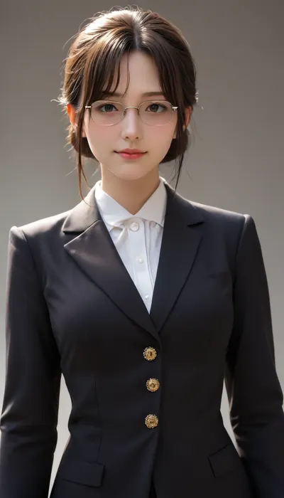 NSFW, "Masterpiece, best quality, 1woman, mature anime woman, 40 years old, brown hair in a neat bun, wearing a stylish business suit, glasses, confident smile, office background with soft lighting, 8k resolution, highly detailed, sharp focus, artstation style, Studio Ghibli inspired portrait, cel shading."