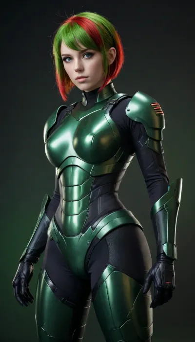 head to toe image of an android girl full dark green plastic full body armor with green and red hair in a long pixie cut hair seen from the 3/4 side, luminescent Bright Green eyes, all black background, d-cups, <lora:220437_training_data:.5>, <lora:Venus_Body_Alpha:.5>