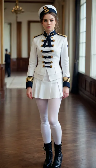 girl, naval officer, white short jacket, high shako, leggings, lace-up boots