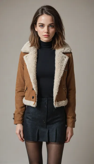 masterpiece, amazing quality, newest, absurdres, highres, highly-detailed, detailed face, glossy hair, down jacket, fur trim, skirt, pantyhose, simple background