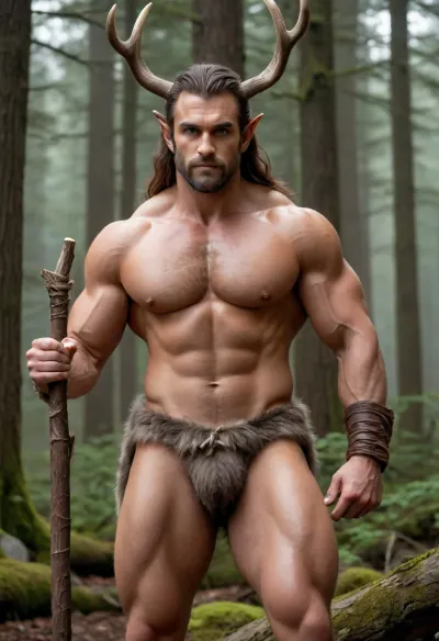 Half deer. Druid. Muscular. Antlers. Male. Deer hooves. Deer tail. Person. Man. Solo Man. Muscular. Rugged. Forest alter. Thick chest hair. Bodybuilder muscles. Elvish face. Big broad animal like nose. Digigrade legs. Hybrid. Half furry. Loin cloth. Silks. Big rack, (of antlers), . Sashes. Furs. Cloth sash across chest. Clean shaven face. Hooves. Deer satyr. Long hair. Body hair. Thick furry chest. Bulging muscles. Veiny muscles. Pagan ceremony at alter. 1 set of ears. Wooden staff. Elf. Warcraft. Half deer, half elf.