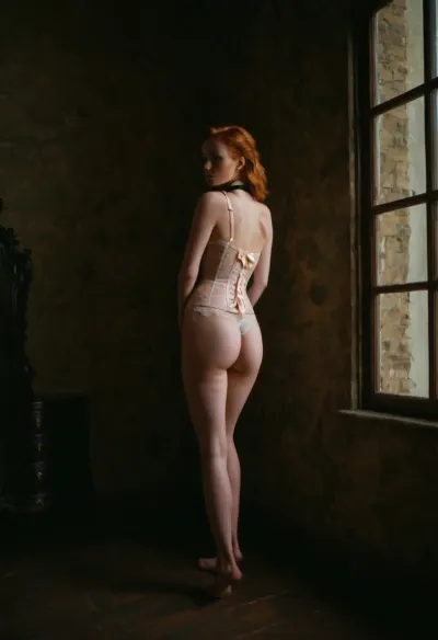 (Slender ginger lady standing in front of huge window), estate, hard wood, standing on toes, feet pointed, (fashion photo style), ((viewed behind)), (back shot), (back towards viewer), indoor, (full body), (extremely freckled skin), freckled, ((corset)), panties, ((pastel color lingerie)), (((matching lingerie set))), ((colorful choker with big bow)), sheer, small breasts, floral lace, ((bony)), skinny, (marble walls), artistic, fashion magazine style, vogue, ((lowkey photography)), dark, rich shadows, (partly shaded face), ((looking away)), ((pale skin)), pale woman, skin imperfections, natural, high class, classic, elegant, (((film photography))), (((hands on lap))), ((bare feet)), tippy toes, bare ankles, ((silhouette)), polaroid, film, photography, Freckles, Natural, skin, <lora:Polaroidv2:.4>, <lora:Cosine_freck:.6>