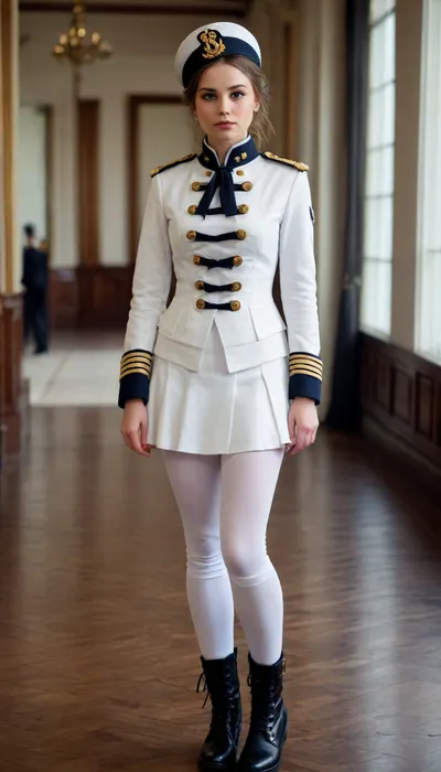 girl, naval officer, white short jacket, high shako, leggings, lace-up boots