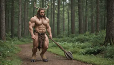 Half deer. Druid. Muscular. Antlers. Male. Deer hooves. Deer tail. Person. Man. Solo Man. Muscular. Rugged. Wild man. Forest alter. Thick chest hair. Bodybuilder muscles. Human face. Big broad animal like nose. Digigrade legs. Hybrid. Half furry. Loin cloth. Silks. Big rack, (of antlers), . Sashes. Furs. Cloth sash across chest. Clean shaven face. Hooves. Deer satyr. Long hair. Body hair. Thick furry chest. Bulging muscles. Veiny muscles. Pagan ceremony at alter. 1 set of ears. Wooden staff. Elf. Warcraft.