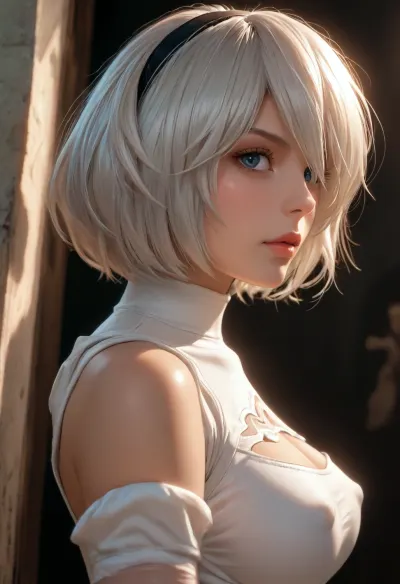 solo, side view, portrait, ((Yorha 2b)), gigantic boobs, nipple bulge, (reiq artstyle), breasts, silhouette, <lora:breasts silhouette XL:.8>