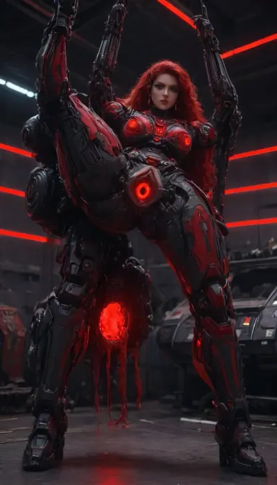 Princess Ariel, (robotic black mech red neon glowing armor:1.9), futuristic plasma-gun, spaceship interior, (hyper spread pussy, hyper gaping pussy, doing standing gymnastics), <lora:Mecha_Ggorgeous_Armor-000011:1>