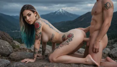 1woman1man, 34years old, German, vaginal penetration, beautiful, petite body, ((((gradient hair)))), long hair, mountains, night, blue eyes, (((tattoos))), piercings, full sleeve tattoos, ass, horny, rocks, perfect eyes, long eyelashes, ((medium breasts)), 8k, detailed, eyes, cumming, skin, texture, photorealistic, <lora:Super_Eye_Detailer_By_Stable_Yogi_SDPD0:1>