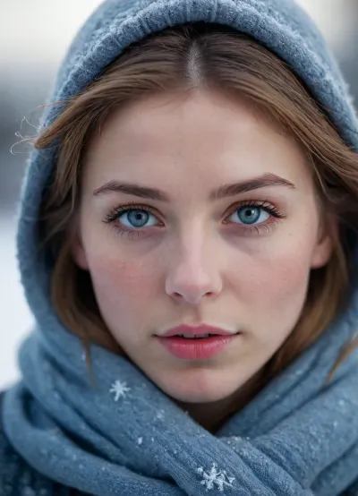 A close-up cinematic portrait of a young woman standing in the snow, her face partially covered in frost and delicate snowflakes. Cold blue tones dominate the scene, creating a moody winter atmosphere. Her expressive eyes reflect quiet emotion and resilience, with soft light highlighting her lips and the texture of frozen flakes on her skin. The depth of field is shallow, blurring the background into cool blue hues. Hyper-realistic details, 8K resolution, dramatic lighting, bokeh snow particles, filmic color grading, photography by Dan Winters, Nikon Z9, 85mm f/1.4 lens., <lora:Hegre-Nude_woman-000001:.8>