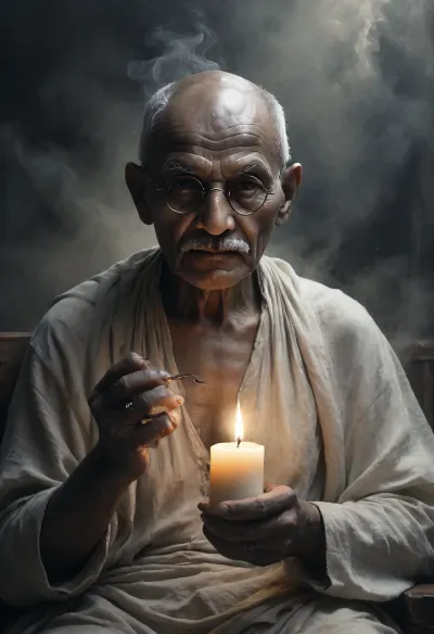 Monochrome, portrait of Mahatma Gandhi at 80 years of age, (perfect rendering of Mahatma Gandhi:1.8), very old, wrinkled face, friendly, realistic skin, aged face, detailed old, (perfect hands:1.7), (wrinkled hand lights a perfectly Hhnd grenade with a candle, flame from the candle illuminates his face:1.5), smoking weed, cannabis, smoking joint, Black, and, white, art, black, shading, charcoal, toned, brutal, dark, b/w, color, scheme, cloudy, smoke, atmospheric, clouds, fog, <lora:Black and white art.V1:1.2>, <lora:Cloudy_Style:.5>