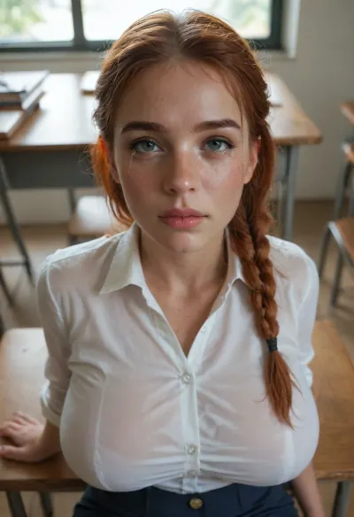 Classroom, dimly lit, 18 yo student, sitting at her desk, very busty, looking up to viewer, she is very busty, she is insanely beautiful, freckles, irish, long ginger braided hair, ((tight white school shirt)), ((bursting buttons)), ((big firm round breasts)), ((crying)), ((very close view from above)), ((view from very high angle)), ((very close focus on face and tits))