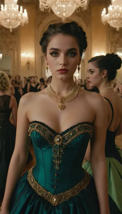 Cinematic, 35mm, Golden Hour, sumptuous ballroom, debutant's ball, goth girl dressed like a prostitute, is surrounded by beautiful debutants standing around her, the girls wear expensive ball gowns, gowns are a variety of styles and colors, green, eyes, blue, brown, perfecteyes, <lora:PerfectEyesXL:.1>, <lora:lora-sdxl-perfect-eyes:.8>